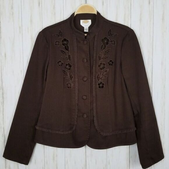 Talbots Chocolate Brown Stretch Embroidered Ruffle Jacket - Picture 1 of 5